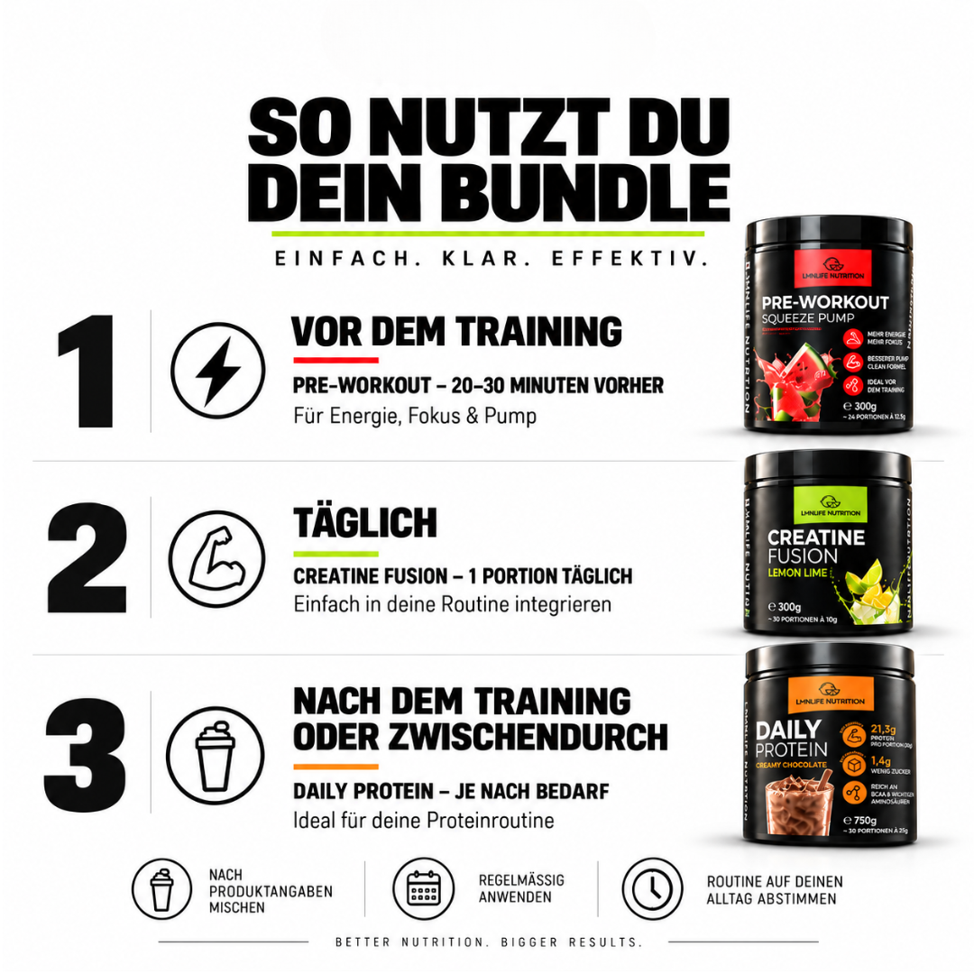 Fitness Starter Paket: Daily Protein + Creatine Fusion – Pre-Workout & Shaker gratis