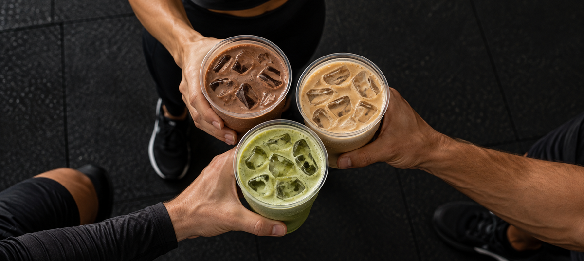 Drei eisgekühlte Proteinshakes in Bechern: Creamy Chocolate, Creamy Coffee und Iced Matcha Latte
