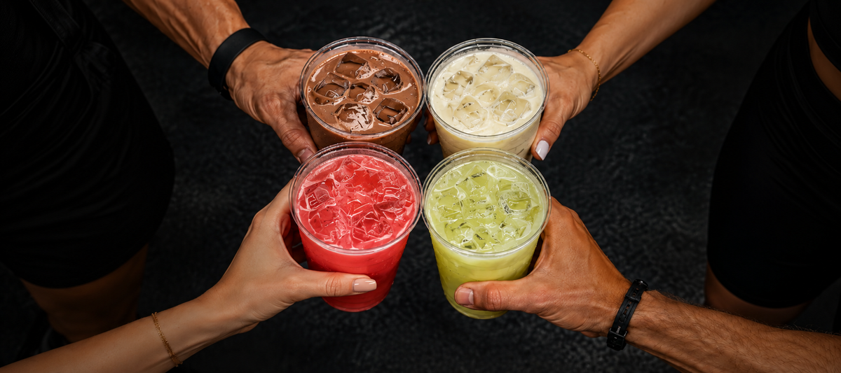 Vier Drinks des LMNLIFE Max Performance Stacks: Daily Protein, Squeeze Pump und Creatine Fusion